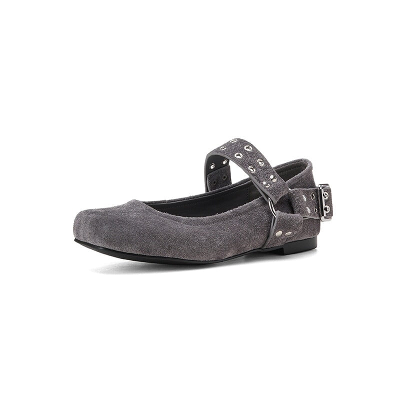 Women's Square Toe Leather Mary Jane Flats with Studded Strap Design in Green/Blue/Brown/Grey