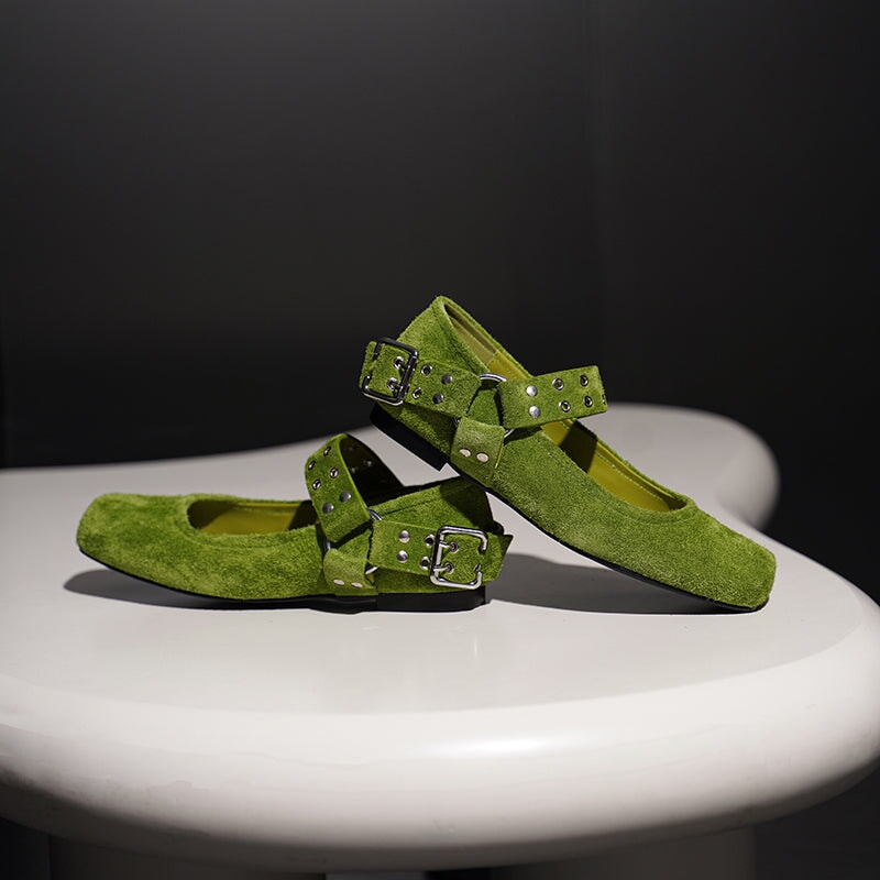 Women's Square Toe Leather Mary Jane Flats with Studded Strap Design in Green/Blue/Brown/Grey