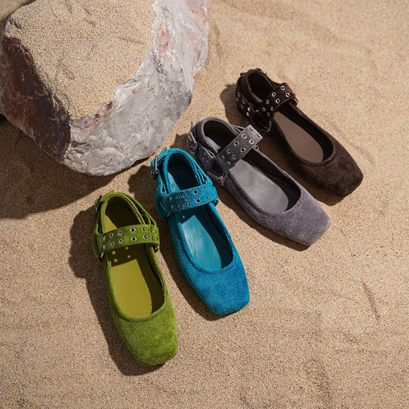Women's Square Toe Leather Mary Jane Flats with Studded Strap Design in Green/Blue/Brown/Grey
