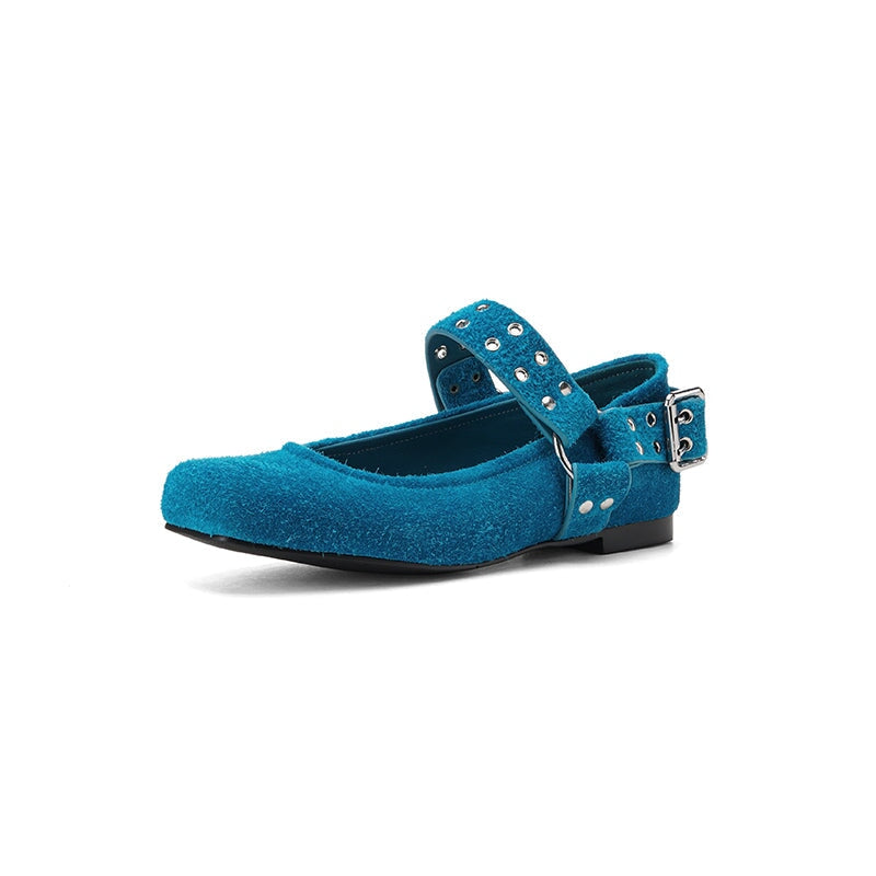 Women's Square Toe Leather Mary Jane Flats with Studded Strap Design in Green/Blue/Brown/Grey