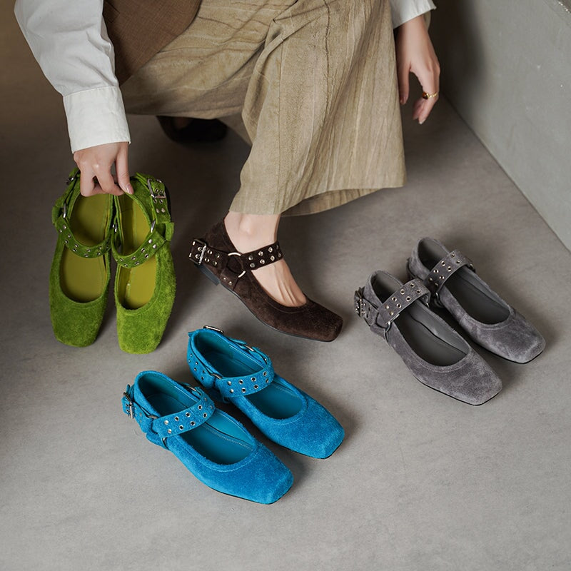 Women's Square Toe Leather Mary Jane Flats with Studded Strap Design in Green/Blue/Brown/Grey