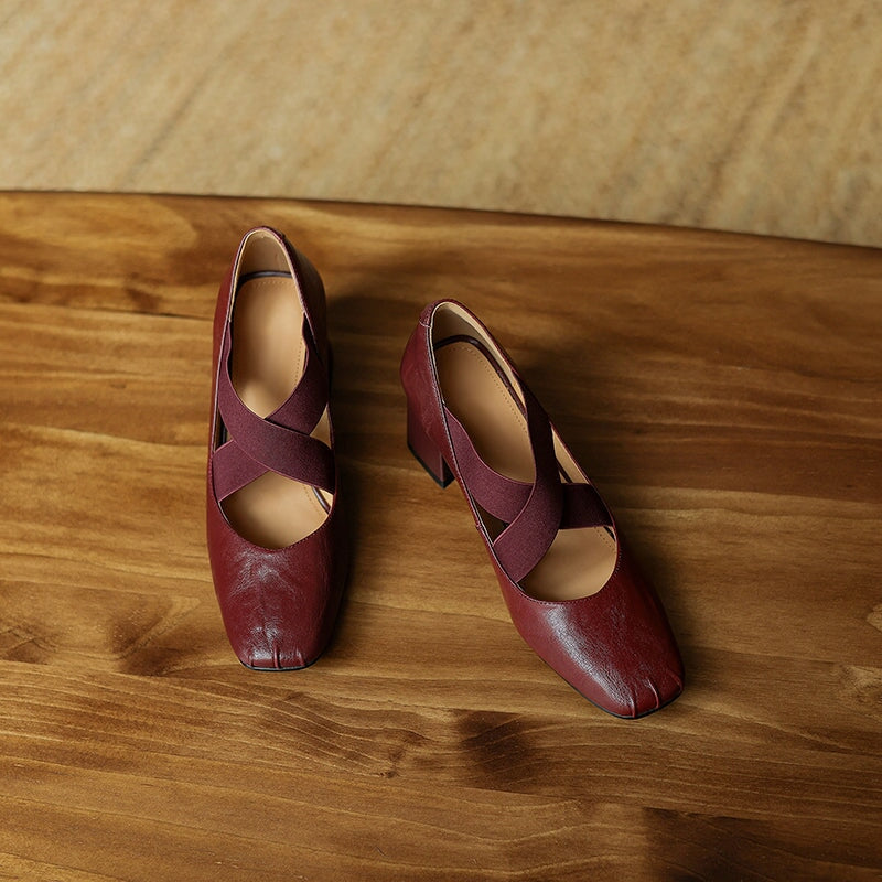 Women's Square Toe X-Strap Mary Jane Pumps 65mm Block Heel Leather Shoes in Brown/Black/Wine Red