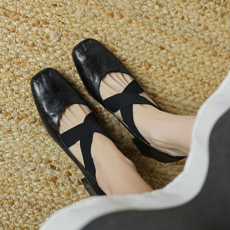 Women's Square Toe X-Strap Mary Jane Pumps 65mm Block Heel Leather Shoes in Brown/Black/Wine Red