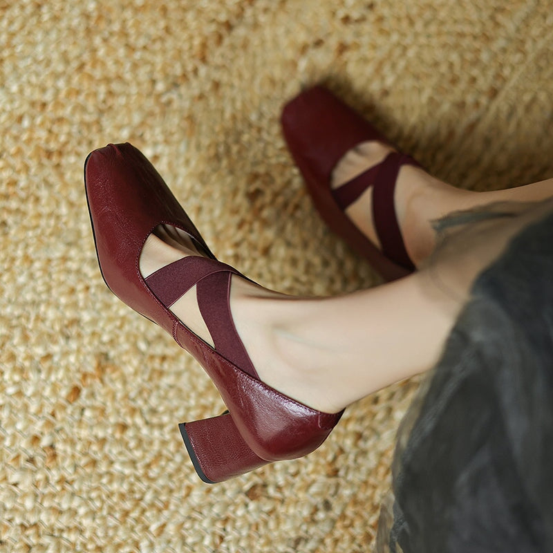 Women's Square Toe X-Strap Mary Jane Pumps 65mm Block Heel Leather Shoes in Brown/Black/Wine Red