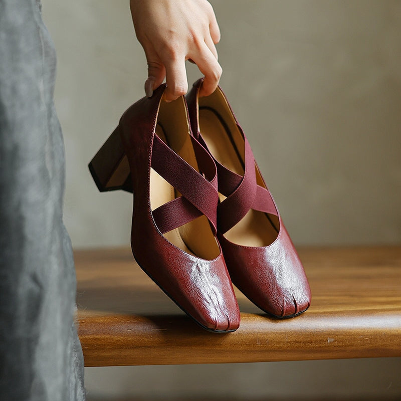 Women's Square Toe X-Strap Mary Jane Pumps 65mm Block Heel Leather Shoes in Brown/Black/Wine Red