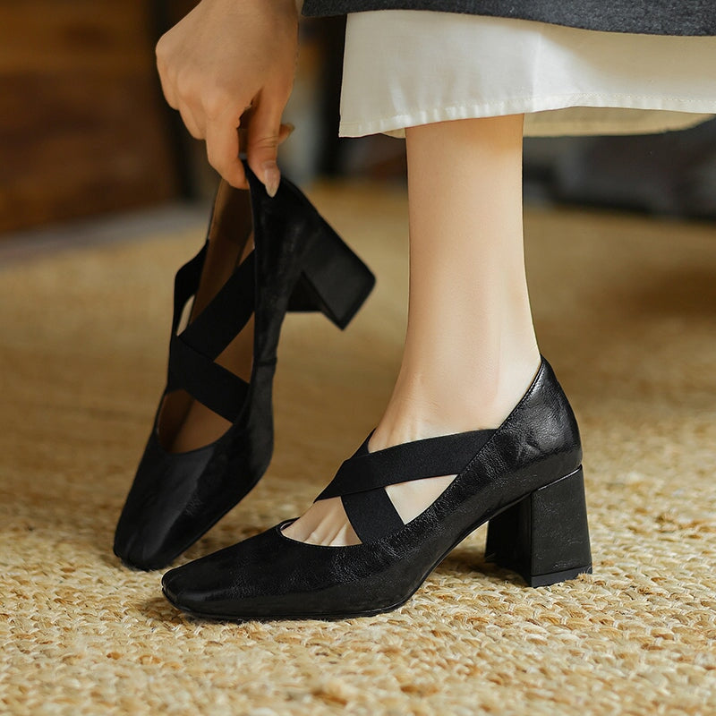 Women's Square Toe X-Strap Mary Jane Pumps 65mm Block Heel Leather Shoes in Brown/Black/Wine Red
