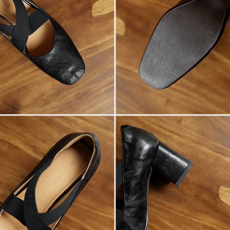 Women's Square Toe X-Strap Mary Jane Pumps 65mm Block Heel Leather Shoes in Brown/Black/Wine Red