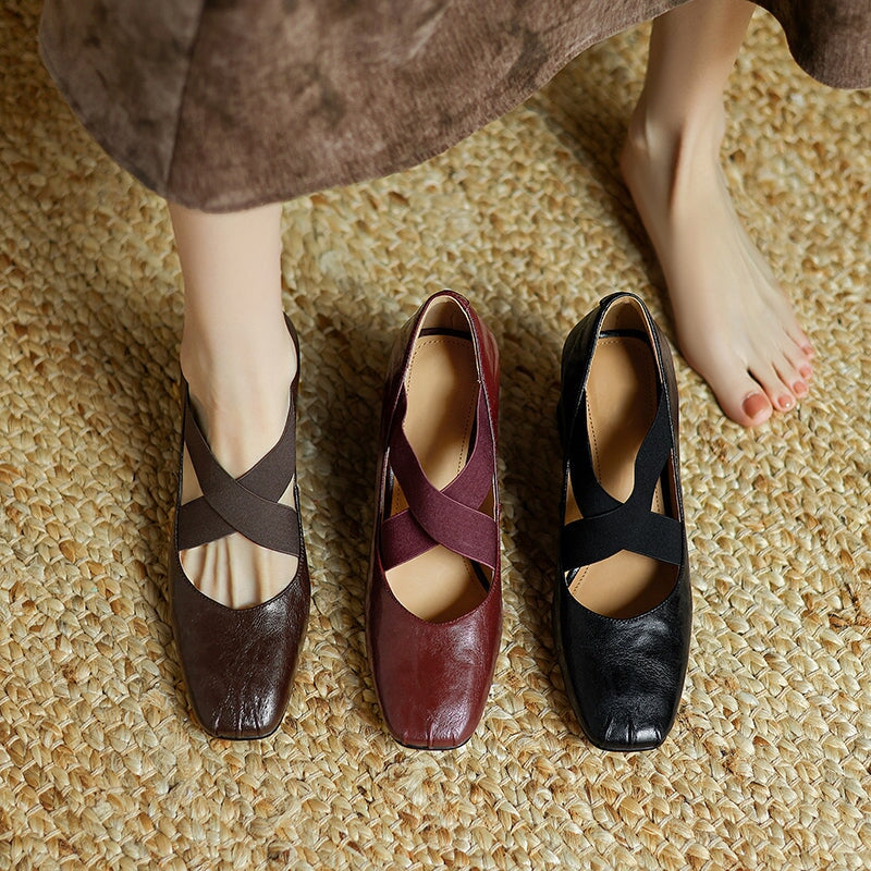 Women's Square Toe X-Strap Mary Jane Pumps 65mm Block Heel Leather Shoes in Brown/Black/Wine Red