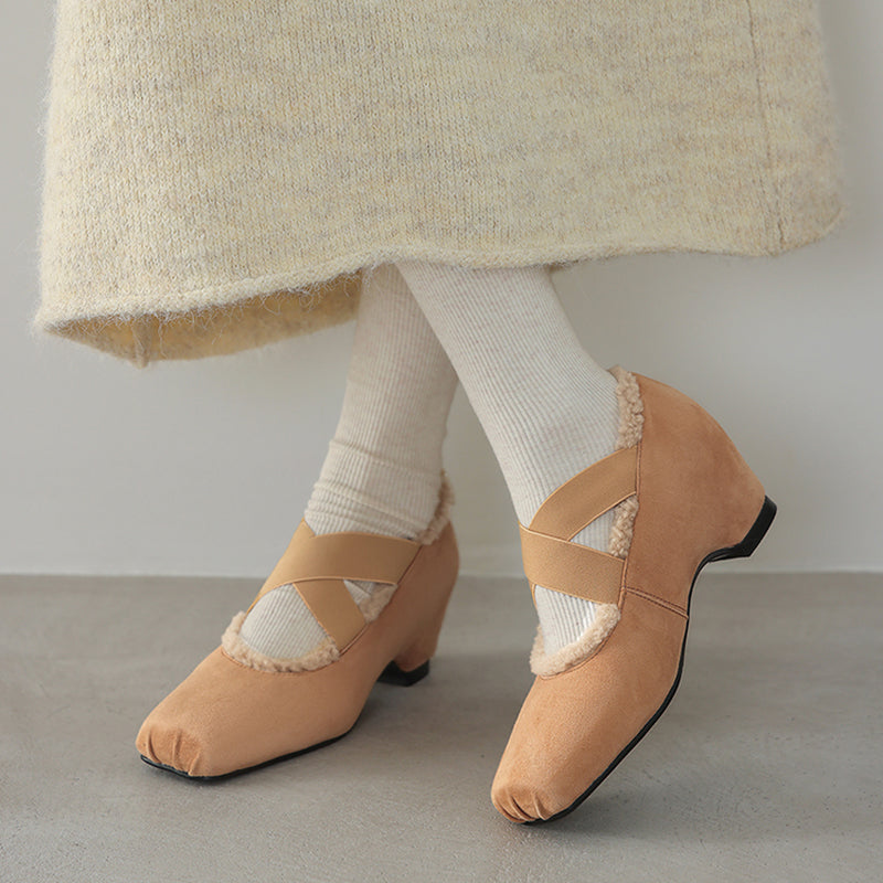Women’s Square Toe X-Strap Mary Jane Pumps with Hidden Wedge in Grey/Dark Brown/Caramel