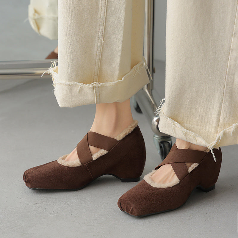 Women’s Square Toe X-Strap Mary Jane Pumps with Hidden Wedge in Grey/Dark Brown/Caramel