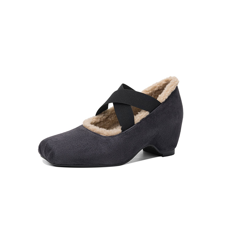 Women’s Square Toe X-Strap Mary Jane Pumps with Hidden Wedge in Grey/Dark Brown/Caramel
