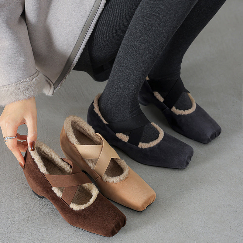 Women’s Square Toe X-Strap Mary Jane Pumps with Hidden Wedge in Grey/Dark Brown/Caramel
