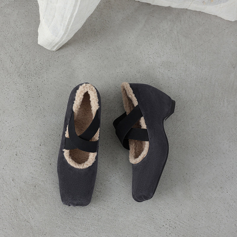 Women’s Square Toe X-Strap Mary Jane Pumps with Hidden Wedge in Grey/Dark Brown/Caramel