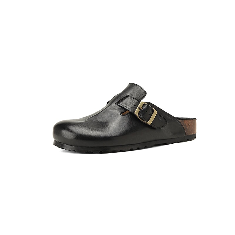 Women's Summer Retro Cowhide Leather Slippers with Adjustable Buckle Black/Dark Brown/Light Brown