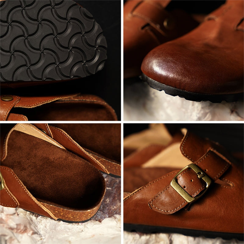 Women's Summer Retro Cowhide Leather Slippers with Adjustable Buckle Black/Dark Brown/Light Brown