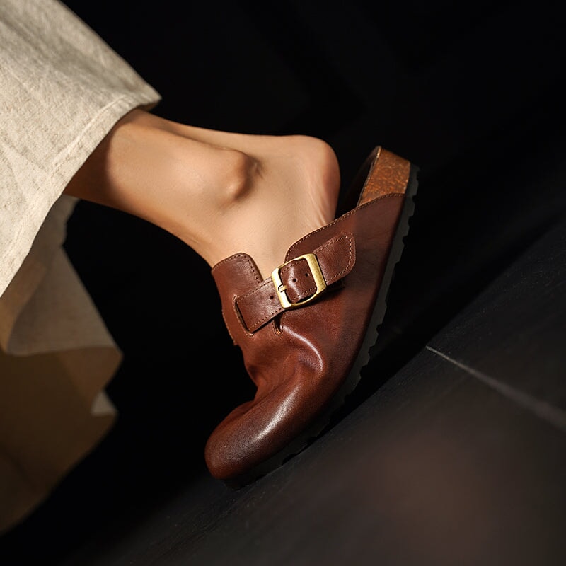 Women's Summer Retro Cowhide Leather Slippers with Adjustable Buckle Black/Dark Brown/Light Brown