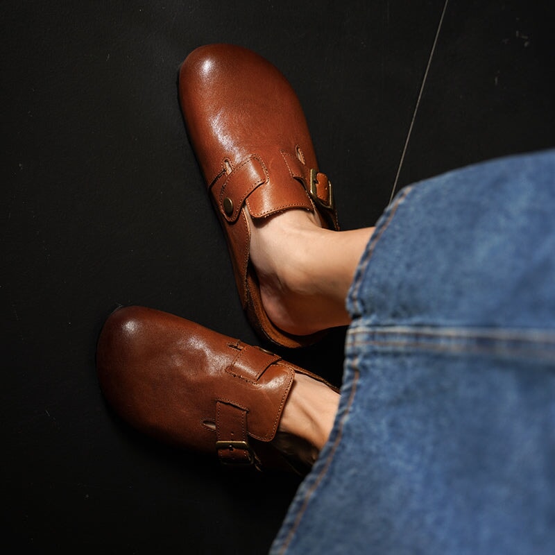 Women's Summer Retro Cowhide Leather Slippers with Adjustable Buckle Black/Dark Brown/Light Brown