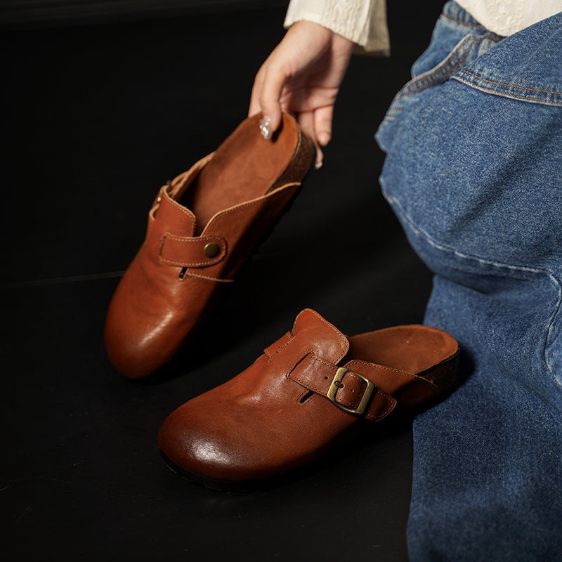 Women's Summer Retro Cowhide Leather Slippers with Adjustable Buckle Black/Dark Brown/Light Brown
