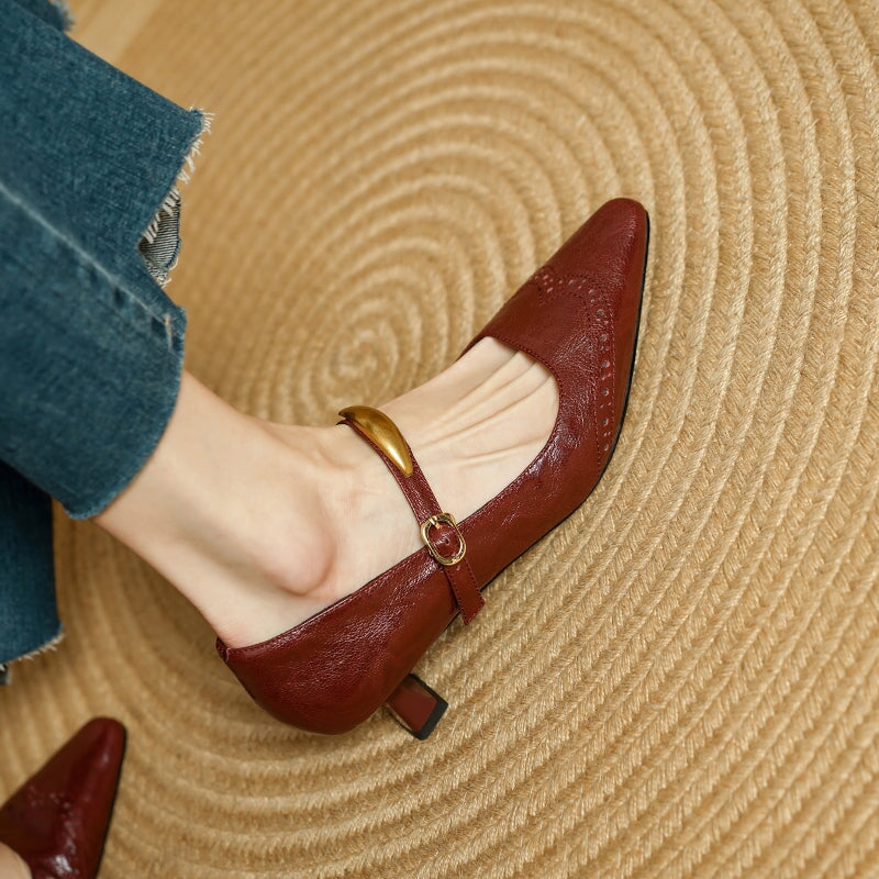 Women's Vintage Sheepskin Leather Brogue Mary Jane Pumps with Metal Strap Detail in Black/Wine Red