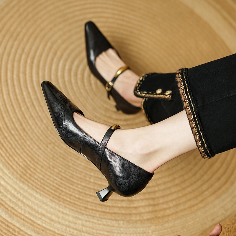 Women's Vintage Sheepskin Leather Brogue Mary Jane Pumps with Metal Strap Detail in Black/Wine Red