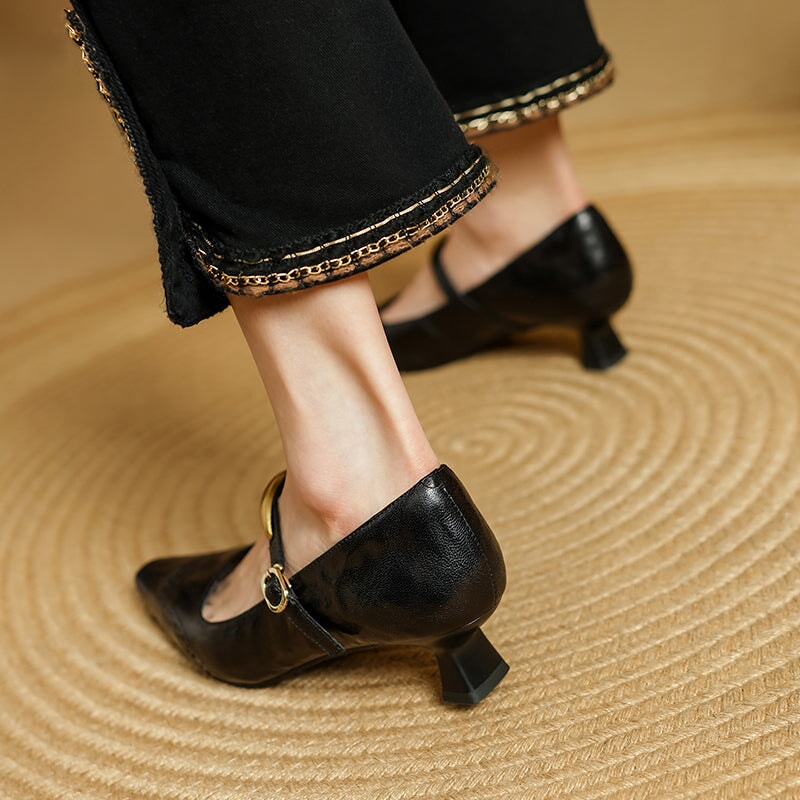 Women's Vintage Sheepskin Leather Brogue Mary Jane Pumps with Metal Strap Detail in Black/Wine Red