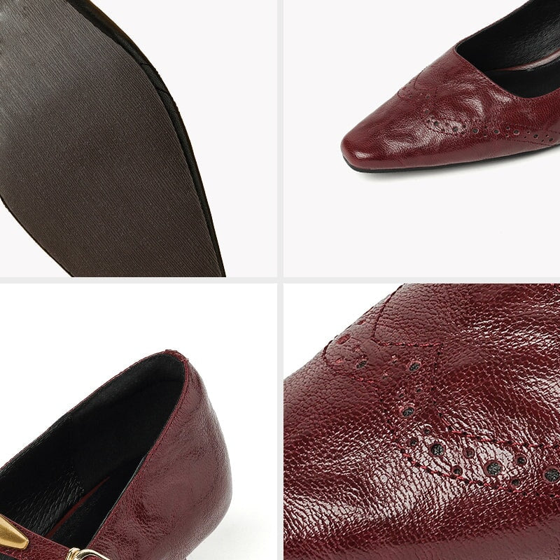 Women's Vintage Sheepskin Leather Brogue Mary Jane Pumps with Metal Strap Detail in Black/Wine Red