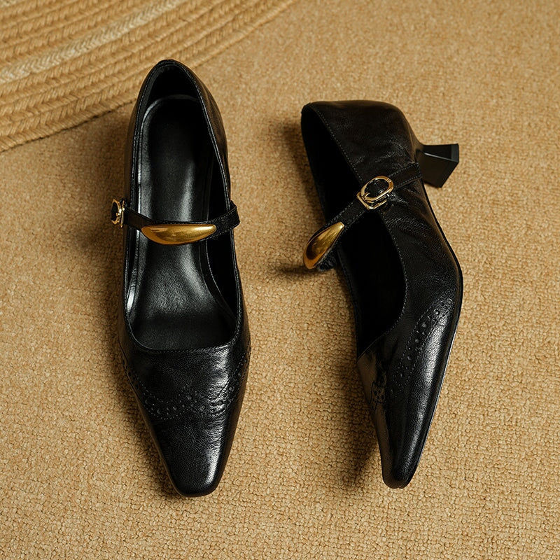 Women's Vintage Sheepskin Leather Brogue Mary Jane Pumps with Metal Strap Detail in Black/Wine Red