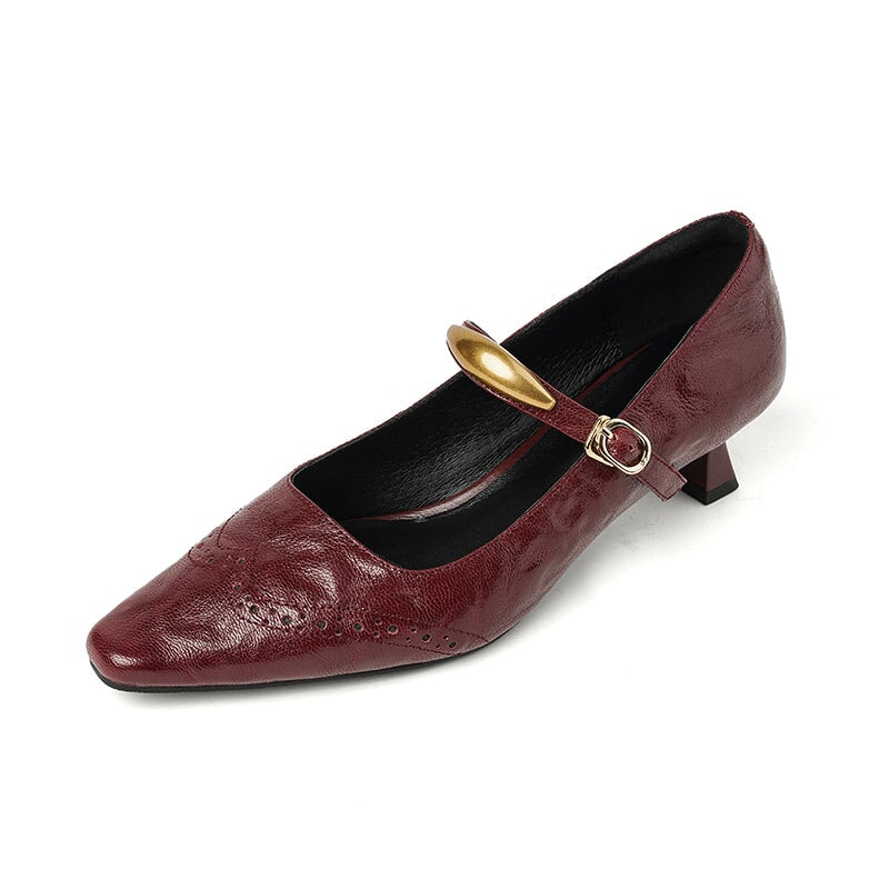 Women's Vintage Sheepskin Leather Brogue Mary Jane Pumps with Metal Strap Detail in Black/Wine Red