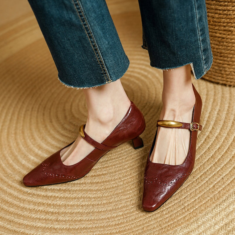 Women's Vintage Sheepskin Leather Brogue Mary Jane Pumps with Metal Strap Detail in Black/Wine Red