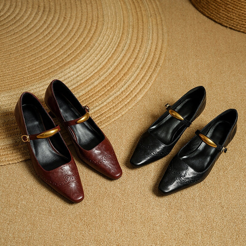 Women's Vintage Sheepskin Leather Brogue Mary Jane Pumps with Metal Strap Detail in Black/Wine Red