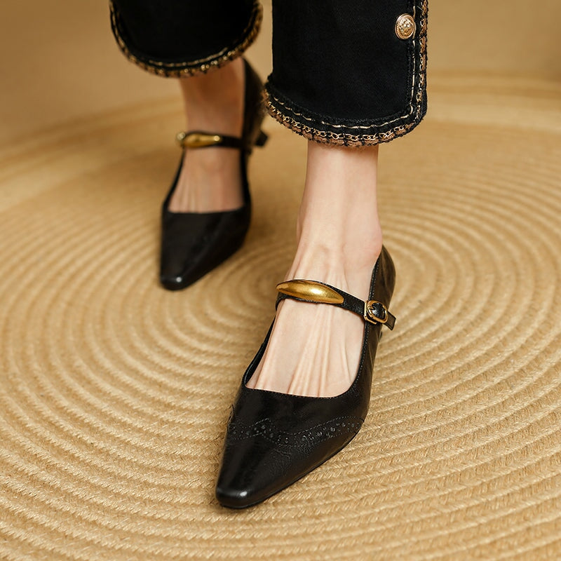 Women's Vintage Sheepskin Leather Brogue Mary Jane Pumps with Metal Strap Detail in Black/Wine Red