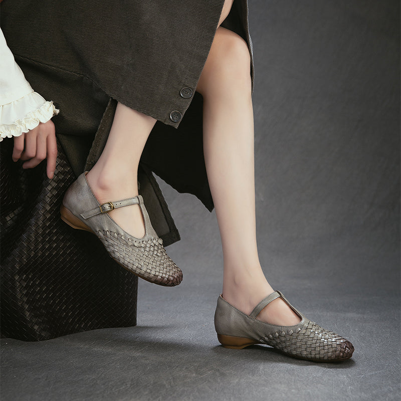Woven Leather Mary Jane Shoes for Women Retro T-Strap Handmade Flats in Grey/Coffee