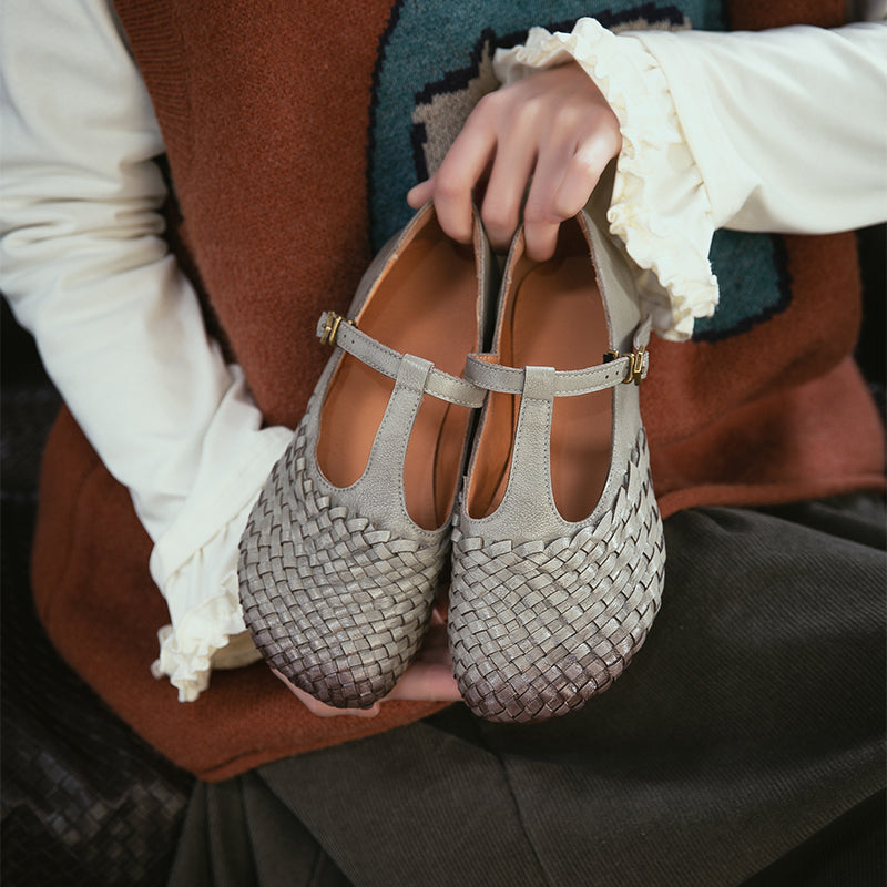 Woven Leather Mary Jane Shoes for Women Retro T-Strap Handmade Flats in Grey/Coffee