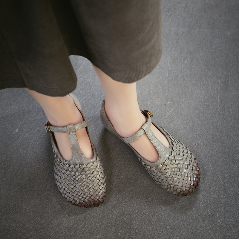 Woven Leather Mary Jane Shoes for Women Retro T-Strap Handmade Flats in Grey/Coffee