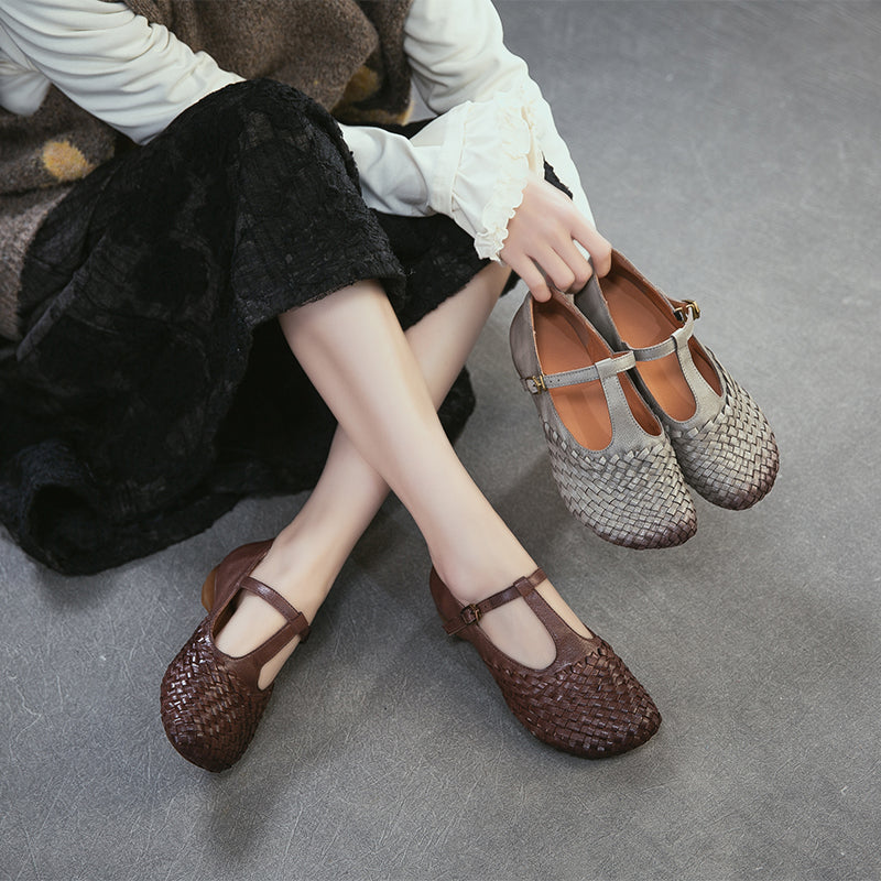 Woven Leather Mary Jane Shoes for Women Retro T-Strap Handmade Flats in Grey/Coffee
