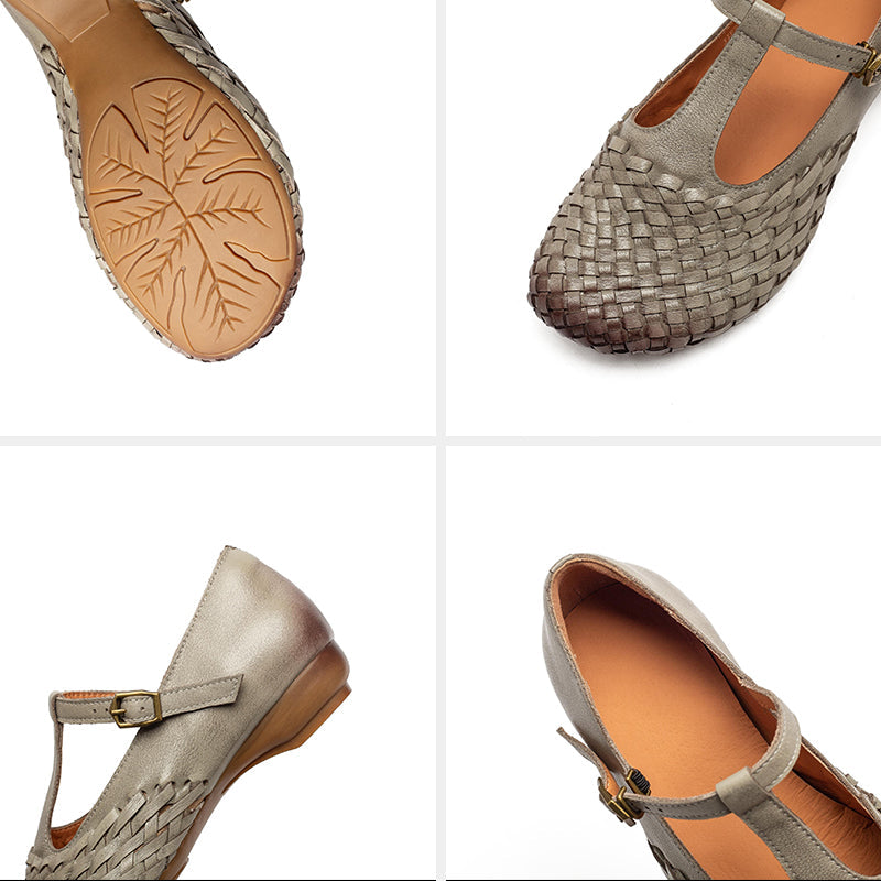 Woven Leather Mary Jane Shoes for Women Retro T-Strap Handmade Flats in Grey/Coffee