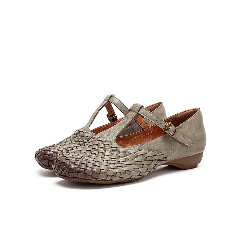 Woven Leather Mary Jane Shoes for Women Retro T-Strap Handmade Flats in Grey/Coffee