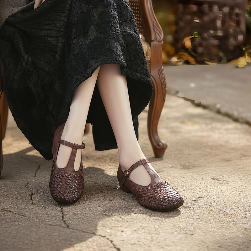 Woven Leather Mary Jane Shoes for Women Retro T-Strap Handmade Flats in Grey/Coffee