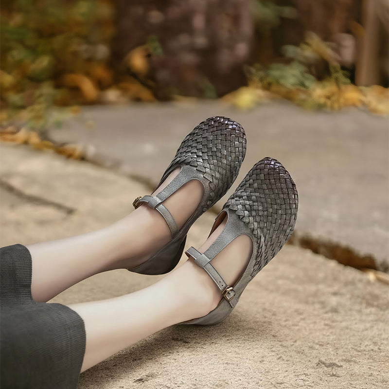 Woven Leather Mary Jane Shoes for Women Retro T-Strap Handmade Flats in Grey/Coffee