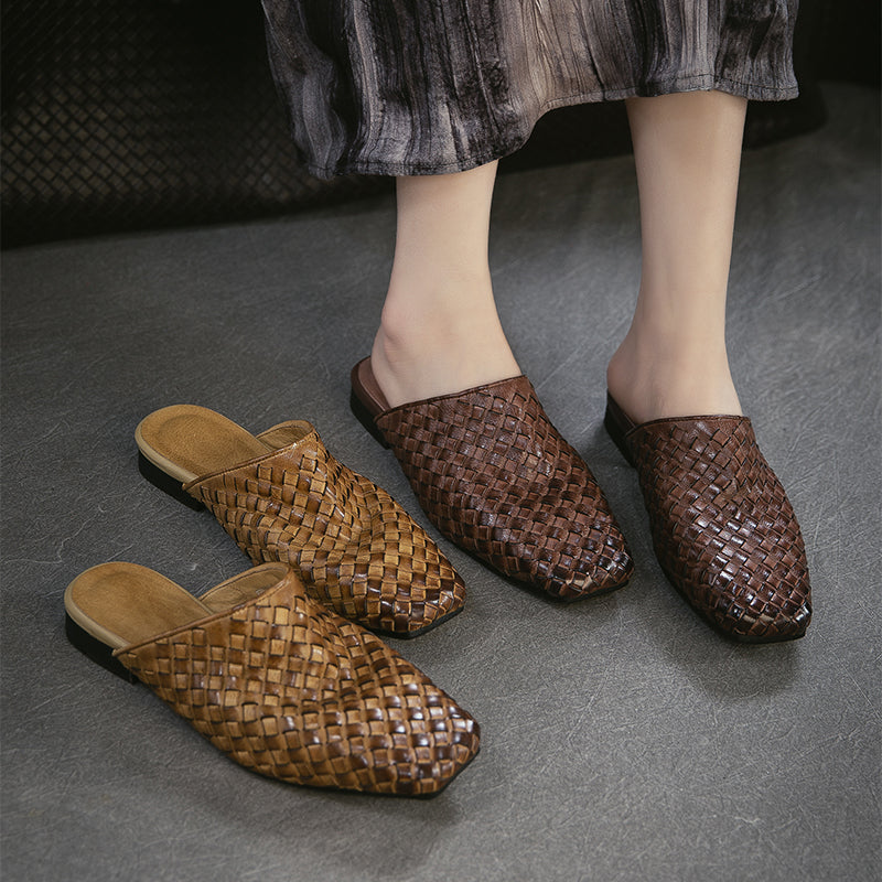 Woven Leather Mule Loafers for Women Square Toe Handmade Vintage Braided Slides in Khaki/Brown