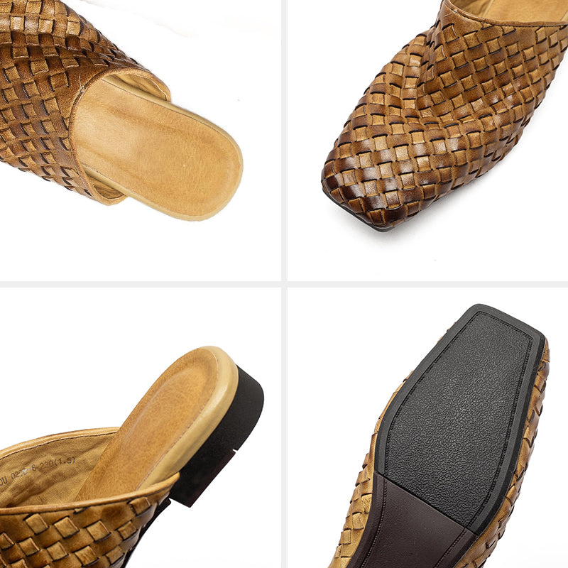 Woven Leather Mule Loafers for Women Square Toe Handmade Vintage Braided Slides in Khaki/Brown