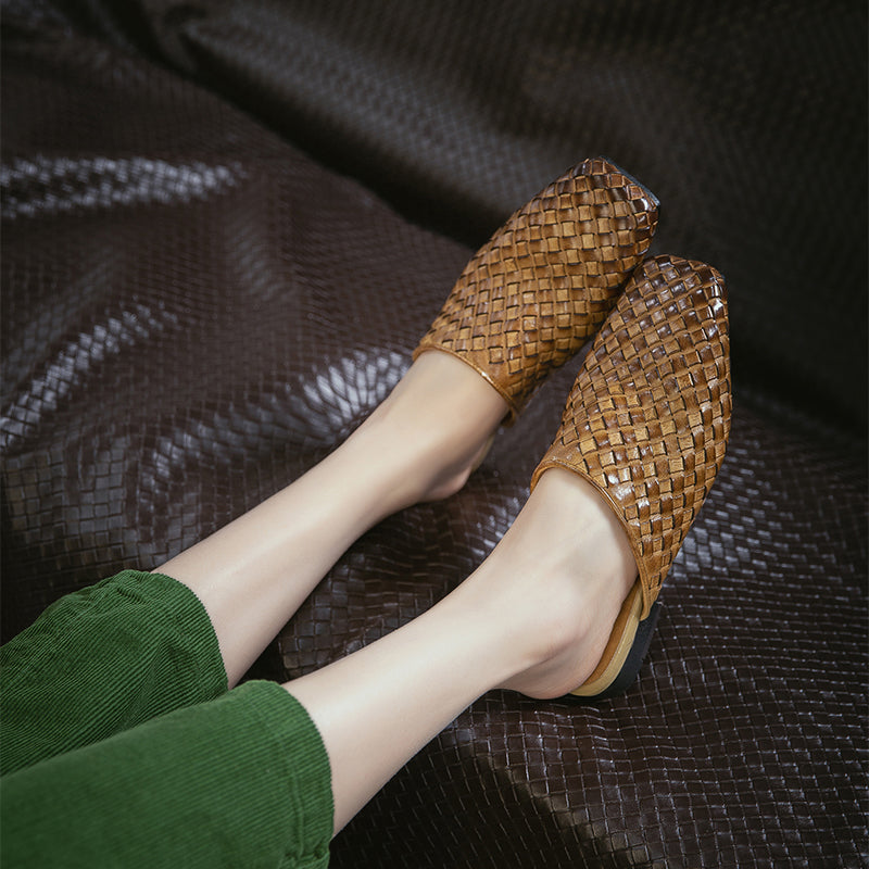 Woven Leather Mule Loafers for Women Square Toe Handmade Vintage Braided Slides in Khaki/Brown