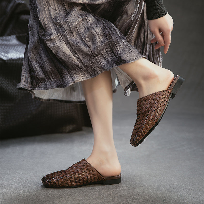 Woven Leather Mule Loafers for Women Square Toe Handmade Vintage Braided Slides in Khaki/Brown