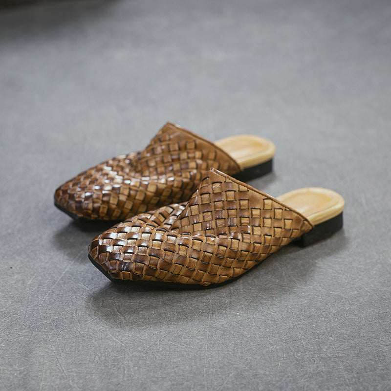 Woven Leather Mule Loafers for Women Square Toe Handmade Vintage Braided Slides in Khaki/Brown