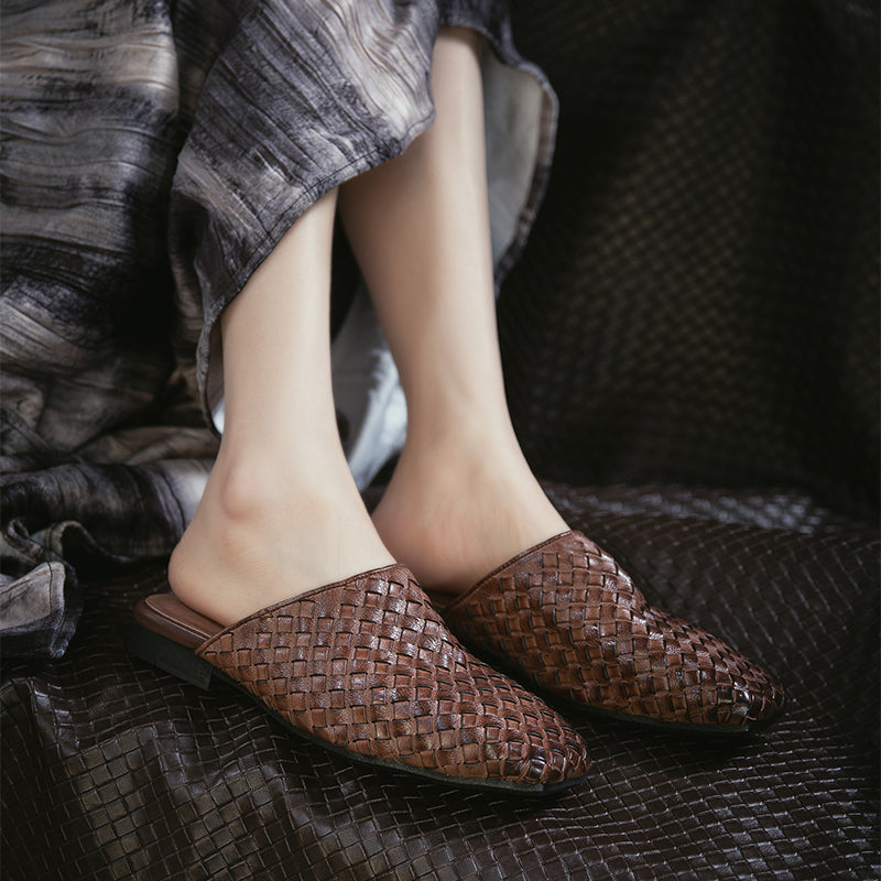 Woven Leather Mule Loafers for Women Square Toe Handmade Vintage Braided Slides in Khaki/Brown