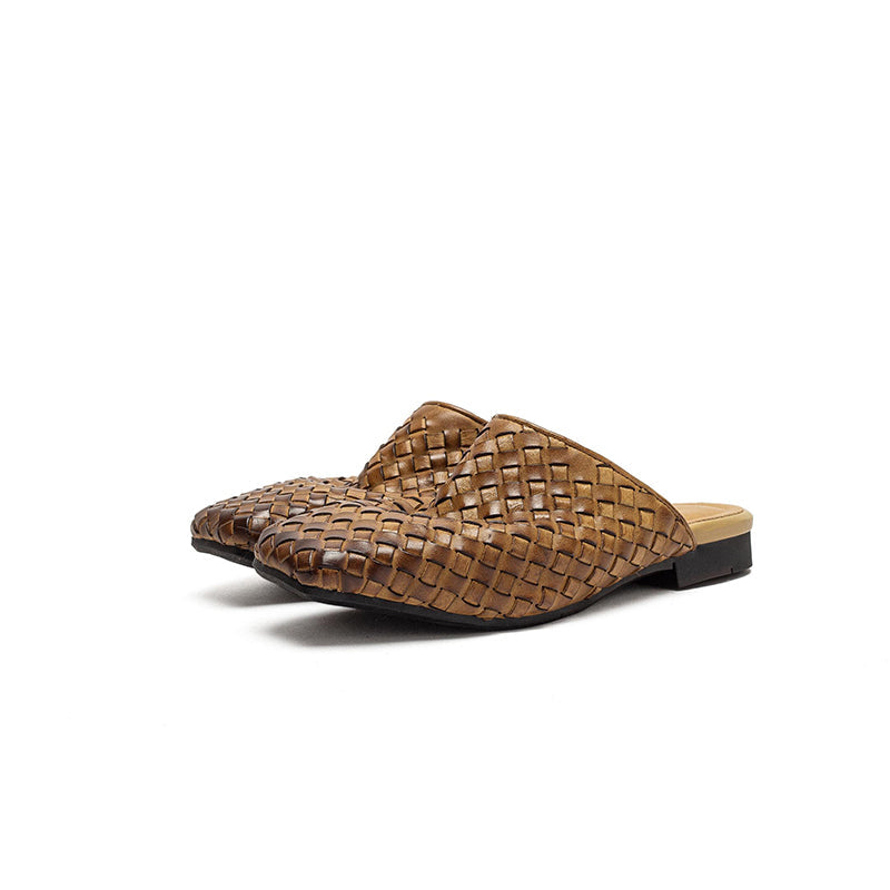 Woven Leather Mule Loafers for Women Square Toe Handmade Vintage Braided Slides in Khaki/Brown