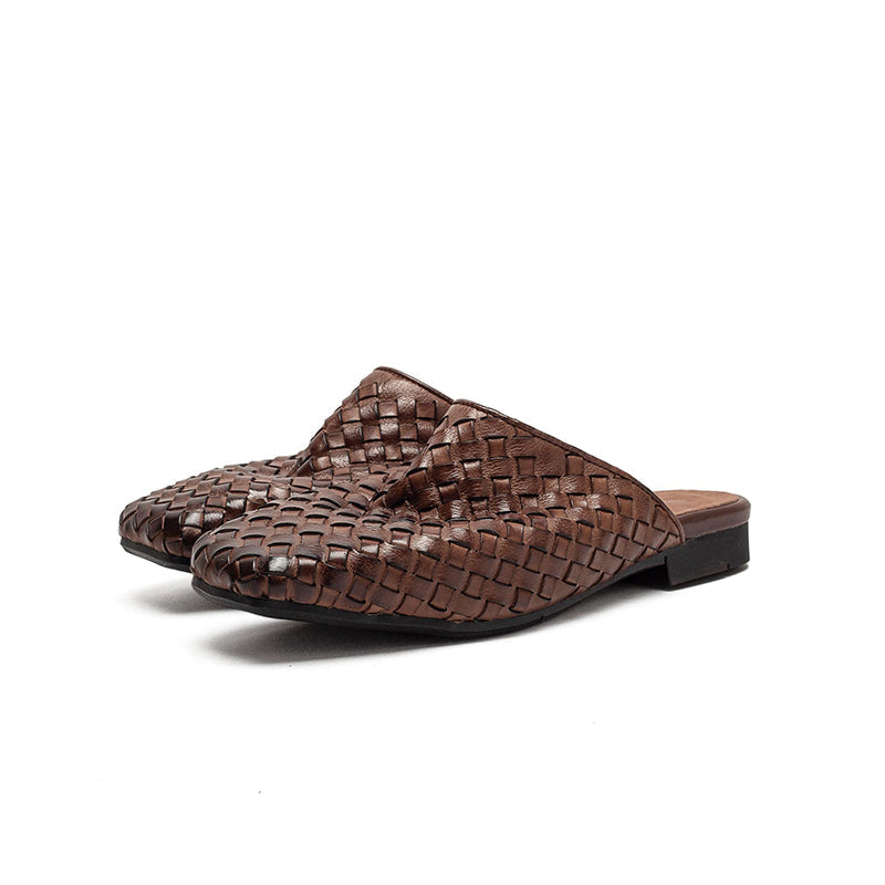 Woven Leather Mule Loafers for Women Square Toe Handmade Vintage Braided Slides in Khaki/Brown
