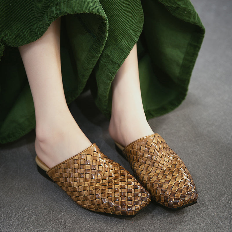 Woven Leather Mule Loafers for Women Square Toe Handmade Vintage Braided Slides in Khaki/Brown