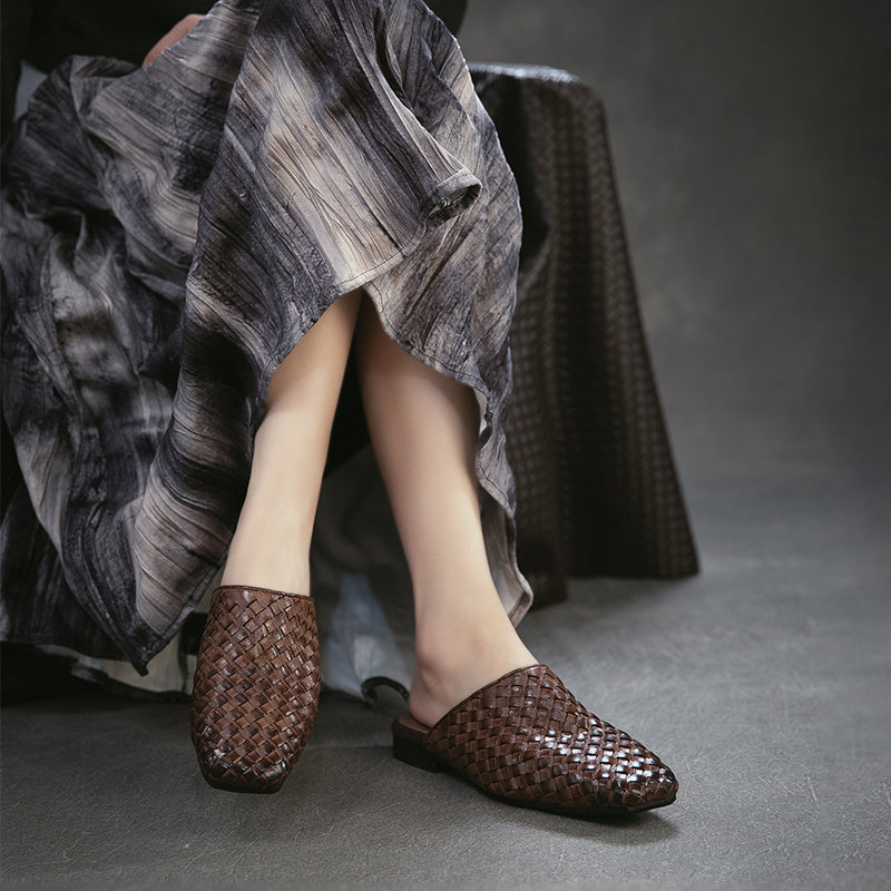 Woven Leather Mule Loafers for Women Square Toe Handmade Vintage Braided Slides in Khaki/Brown