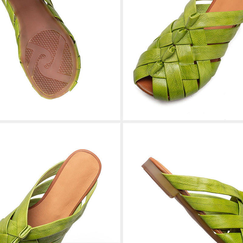 Woven Leather Mule Sandals for Women Peep Toe Handmade Braided Flat Slide Sandals in Green/Beige